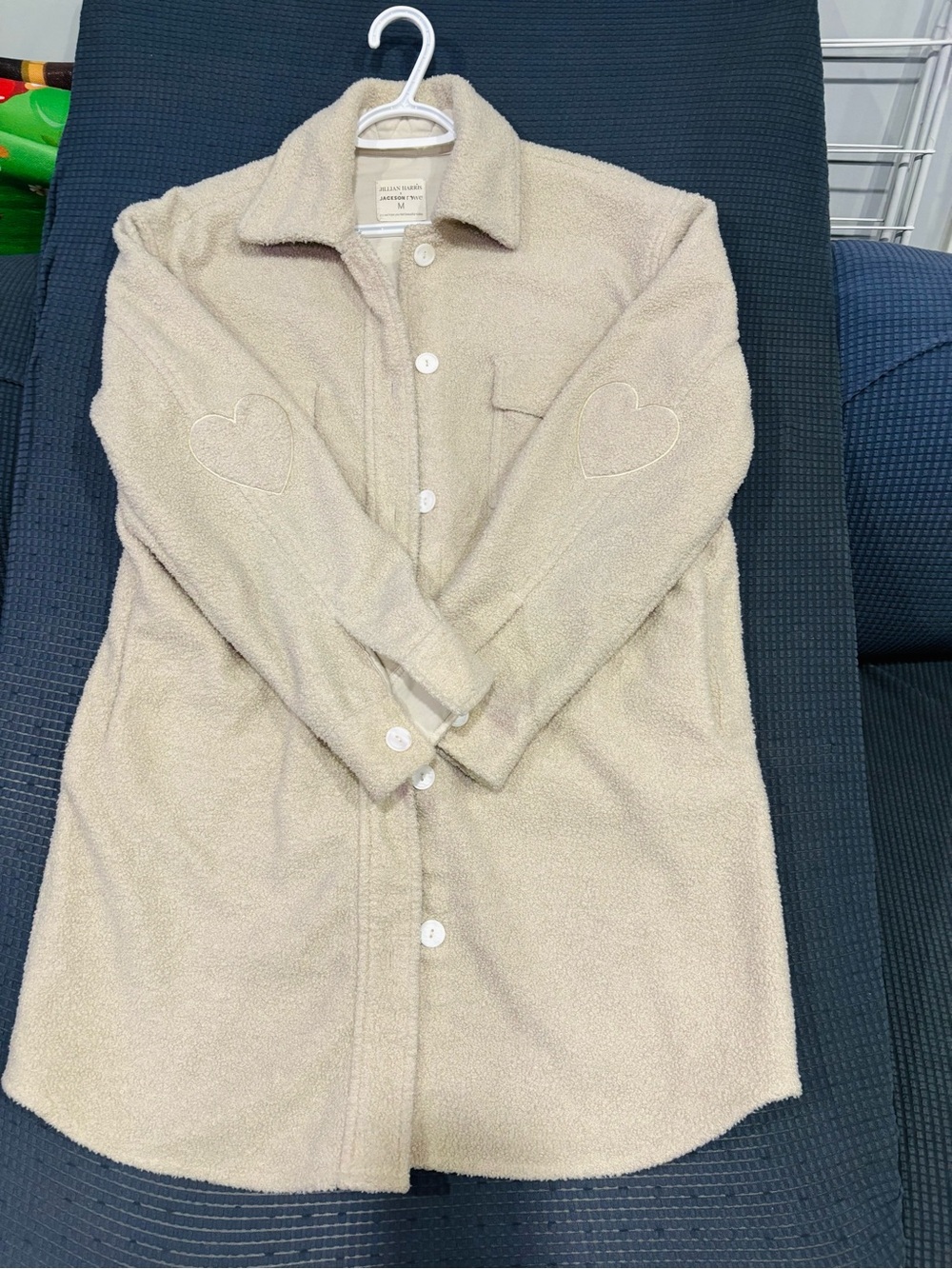 Jackson Rowe Cream Button-Up Teddy Coat with Heart Elbow Patches
